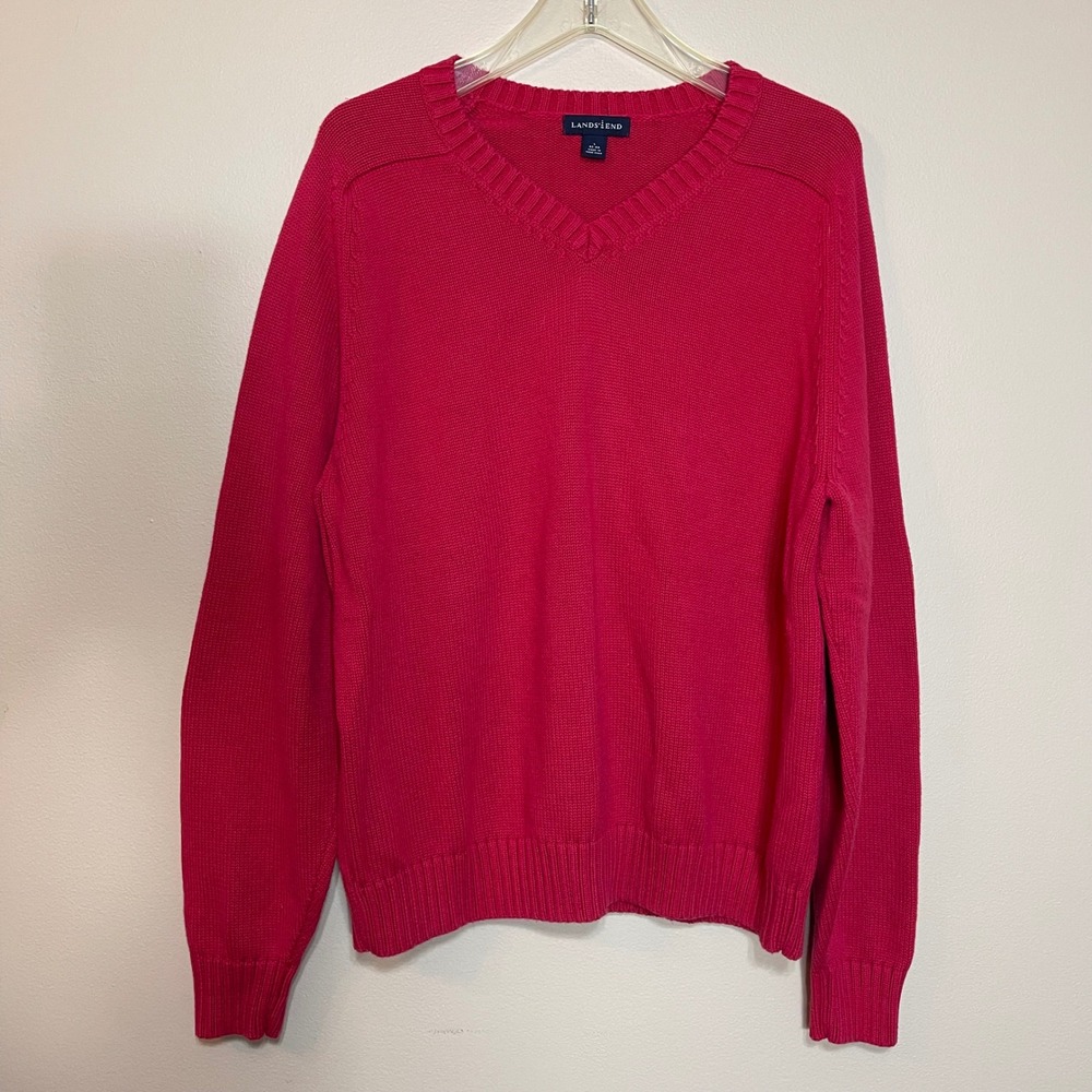 Lands End Men's V Neck Sweater‎ Red Long Sleeve Knit Pullover Size L